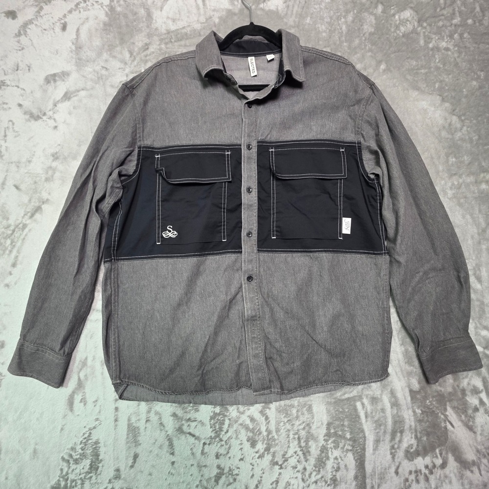 Selected Homme Skedom Shirt Mens Large Grey Black Colorblock Utility Button Down